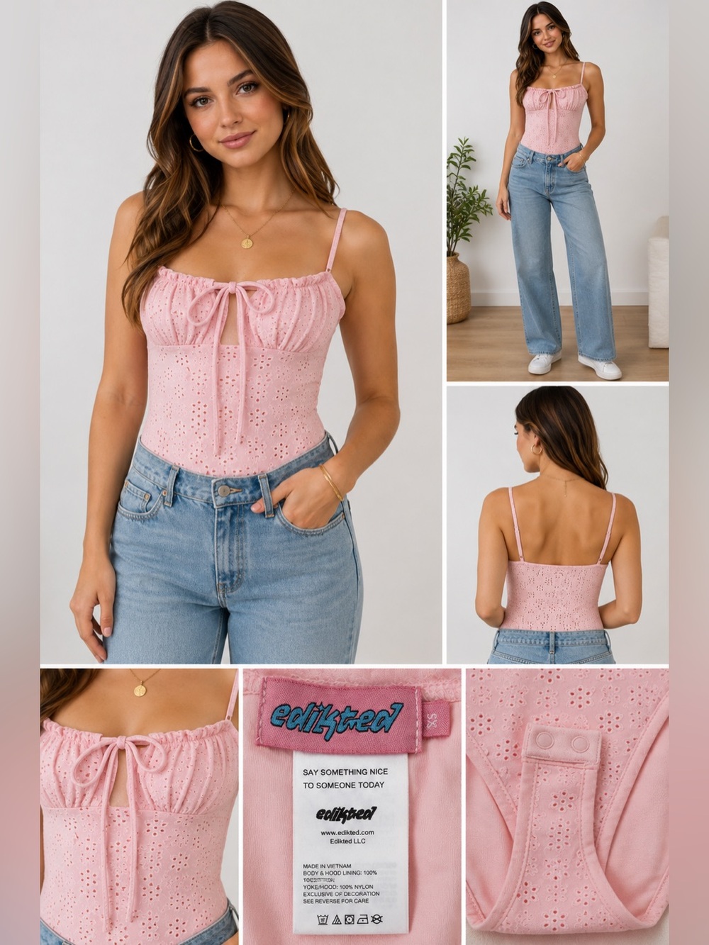Edikted Women’s XS Pink Eyelet Bodysuit Ruched Tie Front Adjustable Straps